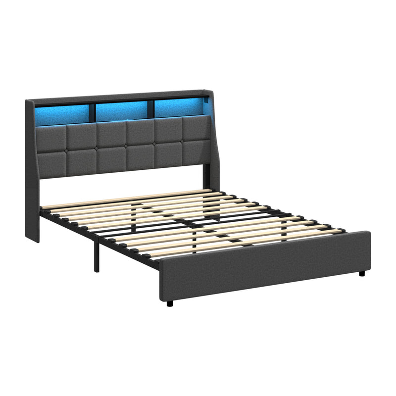 Oikiture Queen Size Bed Frame With LED Storage Headboard USB Charging