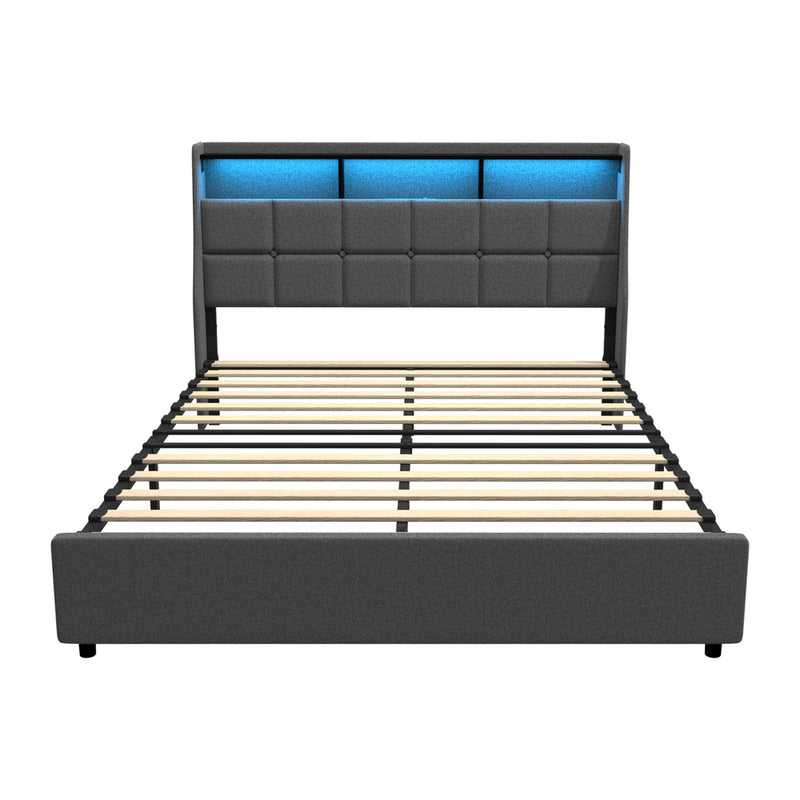 Oikiture Queen Size Bed Frame With LED Storage Headboard USB Charging
