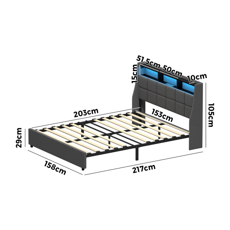 Oikiture Queen Size Bed Frame With LED Storage Headboard USB Charging