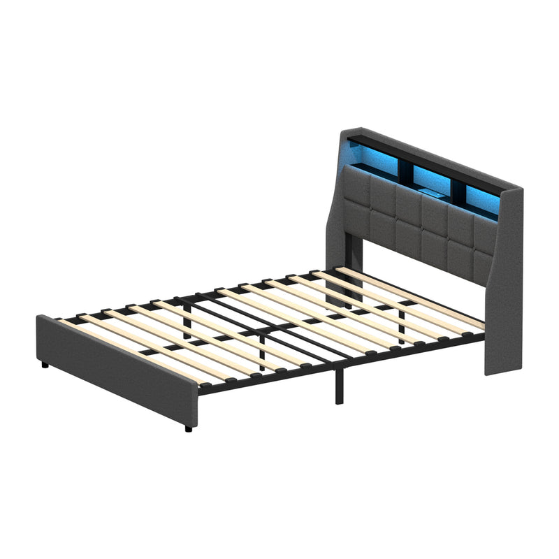 Oikiture Queen Size Bed Frame With LED Storage Headboard USB Charging