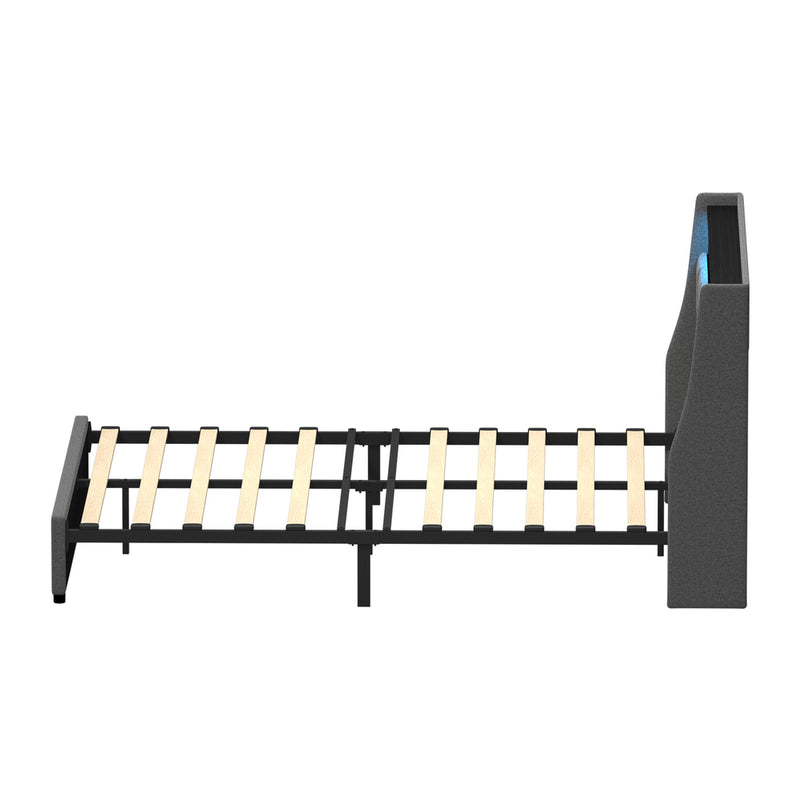 Oikiture Queen Size Bed Frame With LED Storage Headboard USB Charging