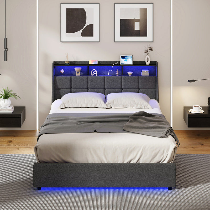 Oikiture Queen Size Bed Frame With LED Storage Headboard USB Charging