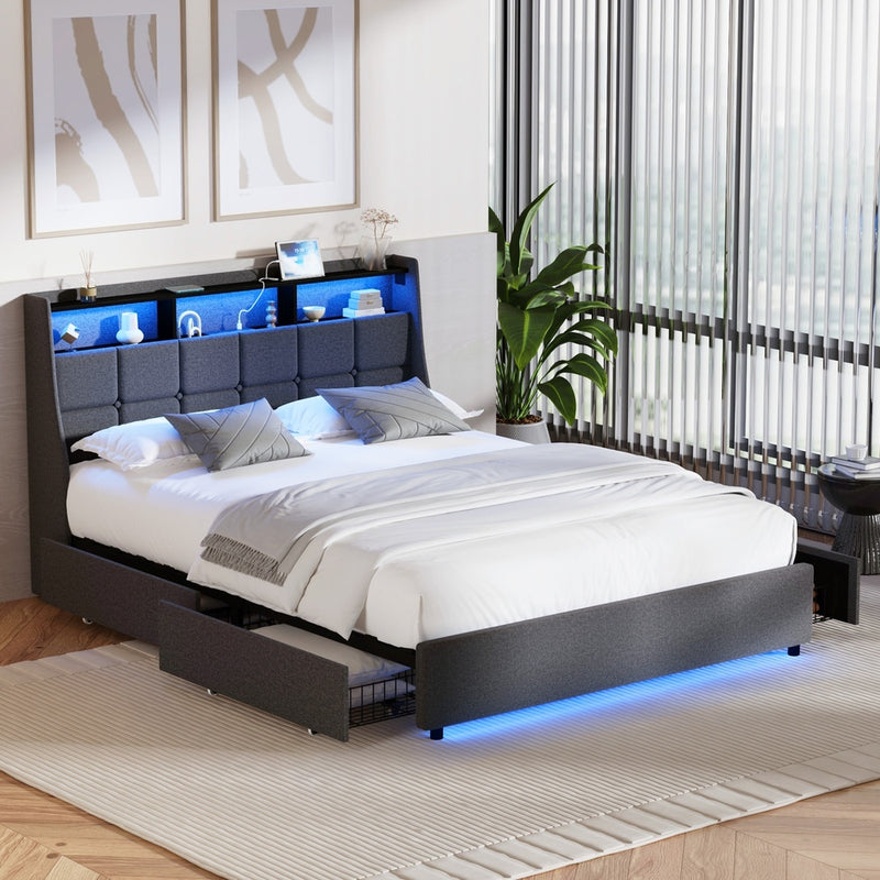 Oikiture Queen Size Bed Frame Headboard RGB LED Lights Drawer USB