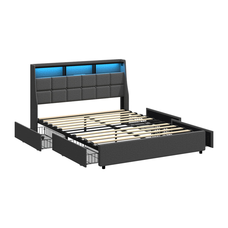 Oikiture Queen Size Bed Frame Headboard RGB LED Lights Drawer USB