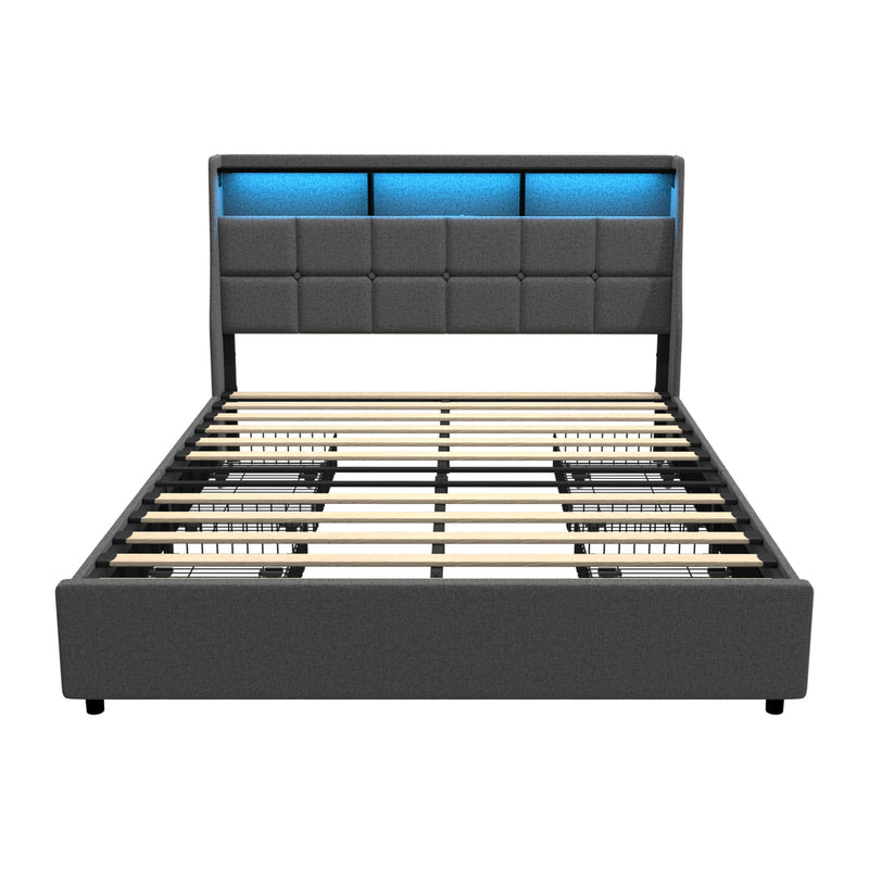 Oikiture Queen Size Bed Frame Headboard RGB LED Lights Drawer USB