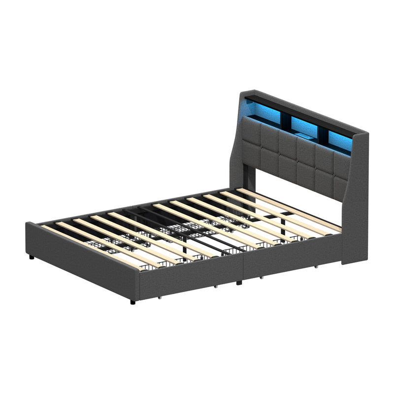 Oikiture Queen Size Bed Frame Headboard RGB LED Lights Drawer USB
