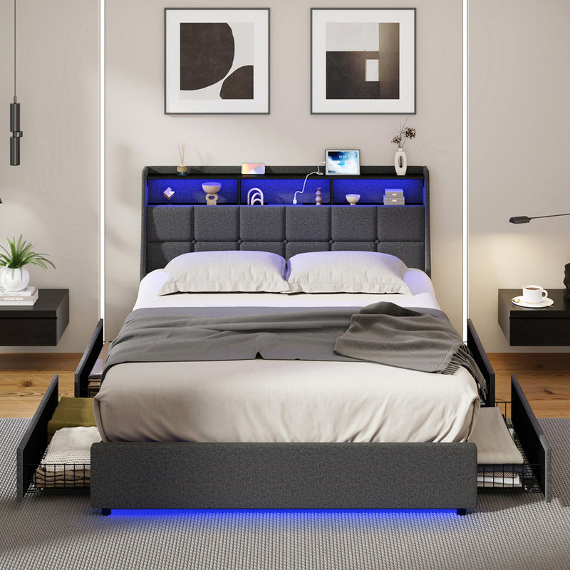 Oikiture Queen Size Bed Frame Headboard RGB LED Lights Drawer USB
