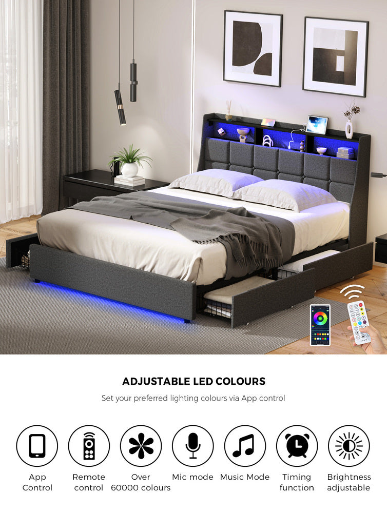 Oikiture Queen Size Bed Frame Headboard RGB LED Lights Drawer USB
