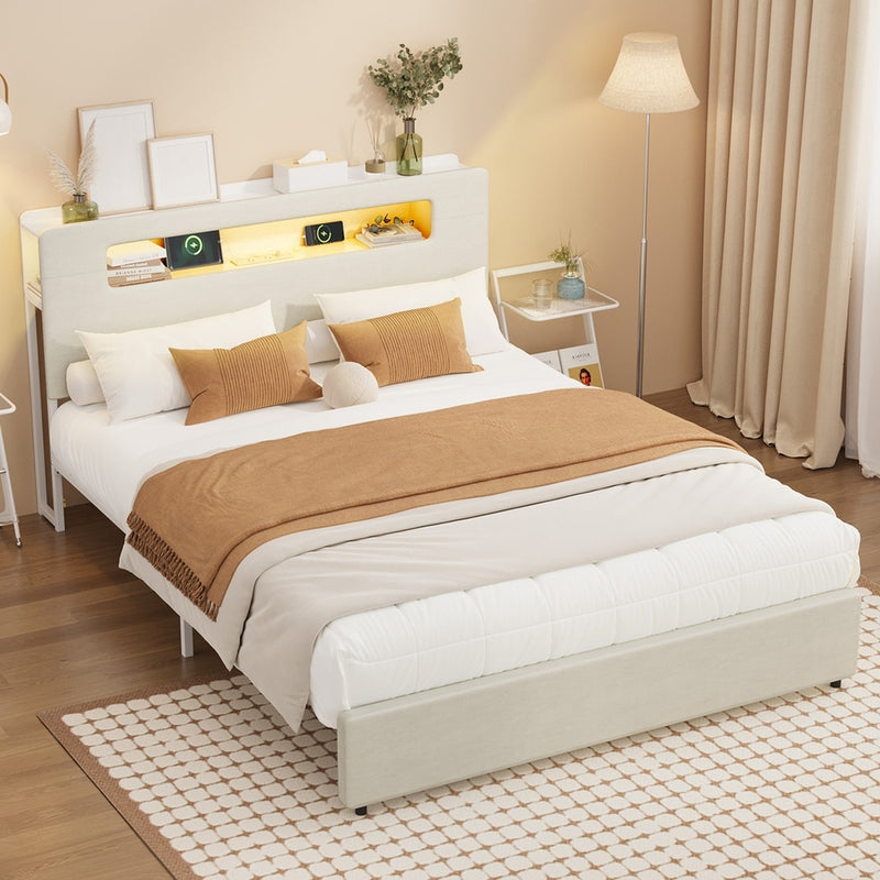 Oikiture Bed Frame Double Size with LED Lights USB Charging Headboad
