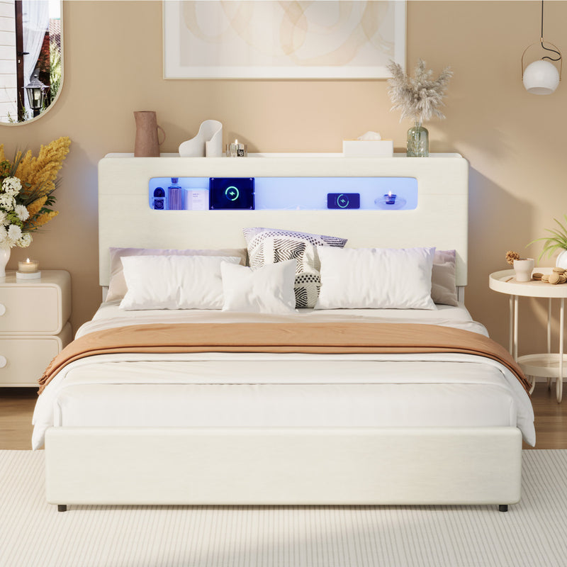 Oikiture Bed Frame Double Size with LED Lights USB Charging Headboad