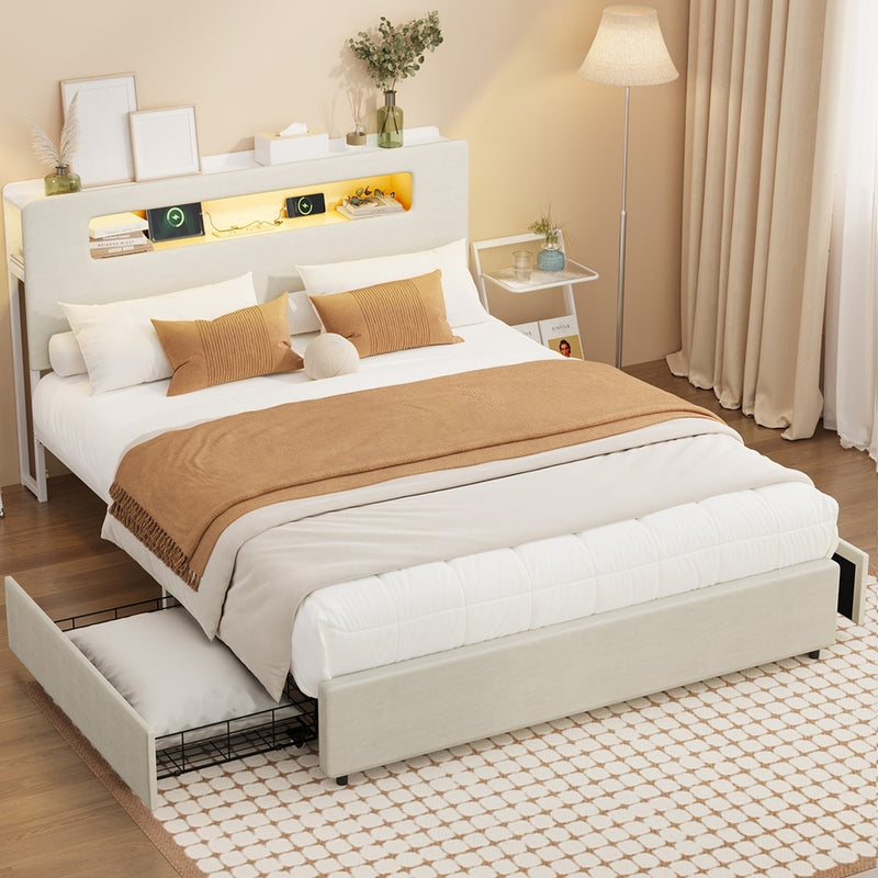 Oikiture Bed Frame 2 Drawers Double Size with LED Charging Bedhead