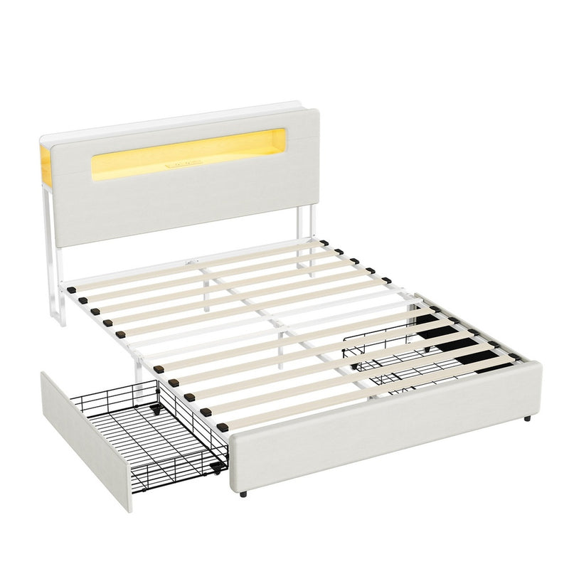 Oikiture Bed Frame 2 Drawers Double Size with LED Charging Bedhead