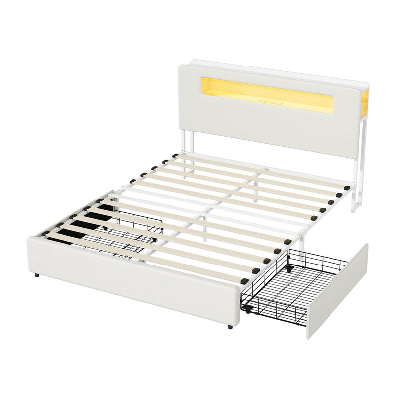 Oikiture Bed Frame 2 Drawers Double Size with LED Charging Bedhead