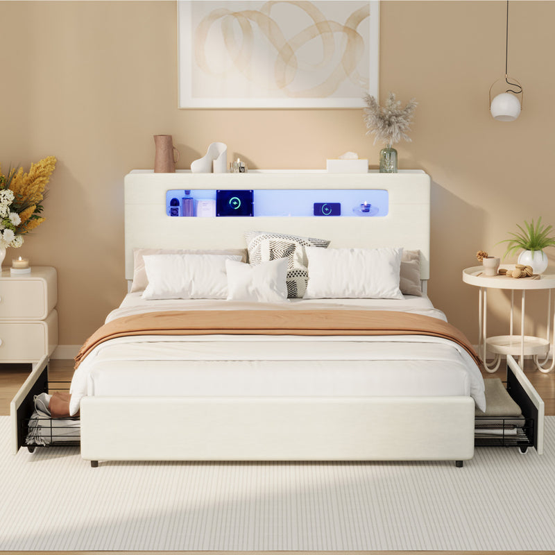 Oikiture Bed Frame 2 Drawers Double Size with LED Charging Bedhead