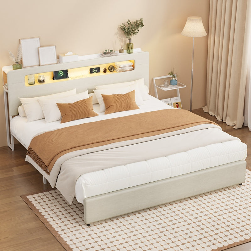 Oikiture Bed Frame King Size with LED Lights USB Charging Headboad