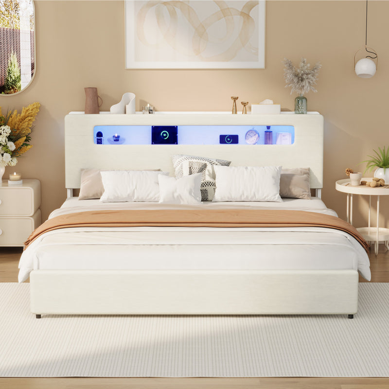 Oikiture Bed Frame King Size with LED Lights USB Charging Headboad