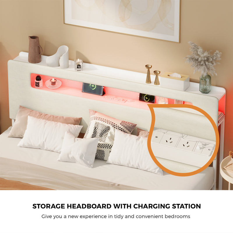 Oikiture Bed Frame King Size with LED Lights USB Charging Headboad