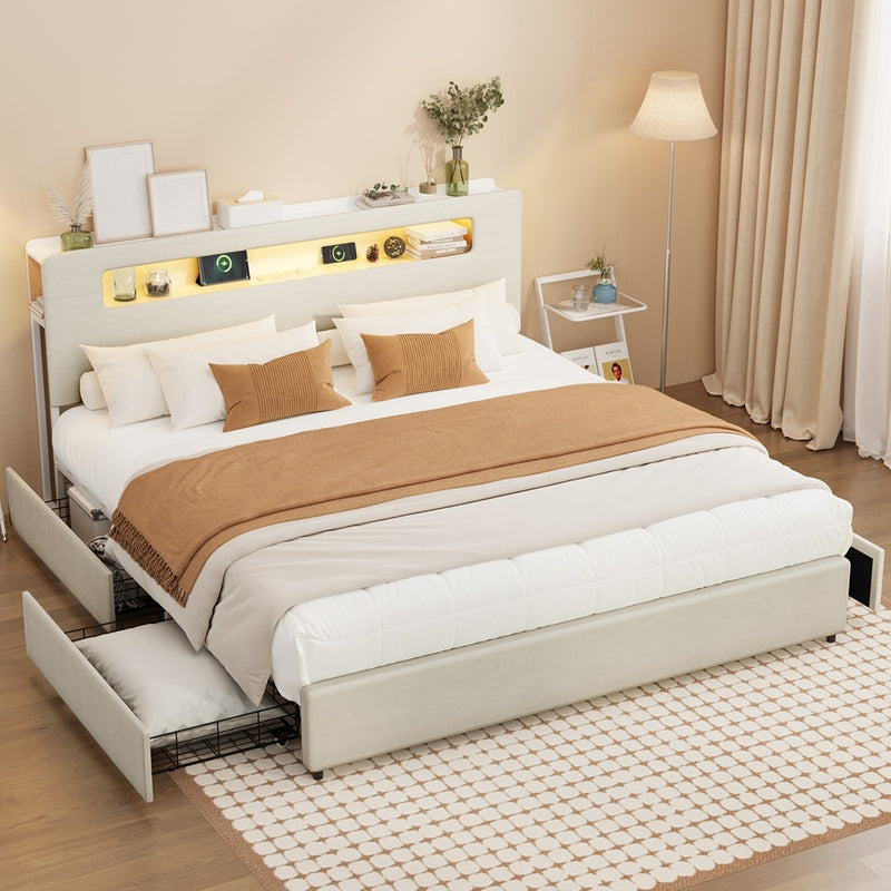 Oikiture Bed Frame 4 Drawers King Size with LED Charging Bedhead