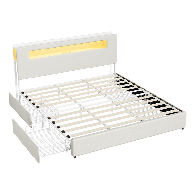 Oikiture Bed Frame 4 Drawers King Size with LED Charging Bedhead