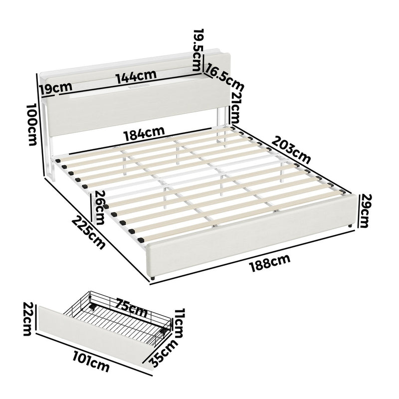 Oikiture Bed Frame 4 Drawers King Size with LED Charging Bedhead