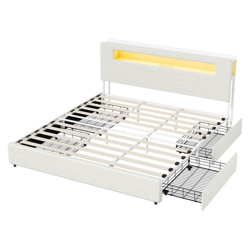 Oikiture Bed Frame 4 Drawers King Size with LED Charging Bedhead