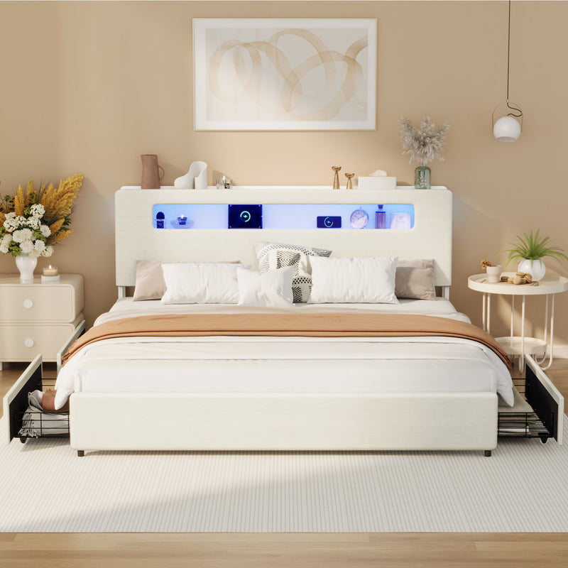 Oikiture Bed Frame 4 Drawers King Size with LED Charging Bedhead
