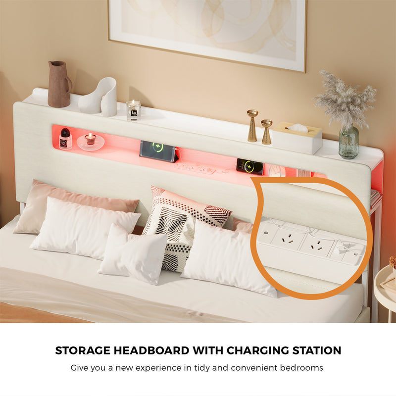 Oikiture Bed Frame 4 Drawers King Size with LED Charging Bedhead