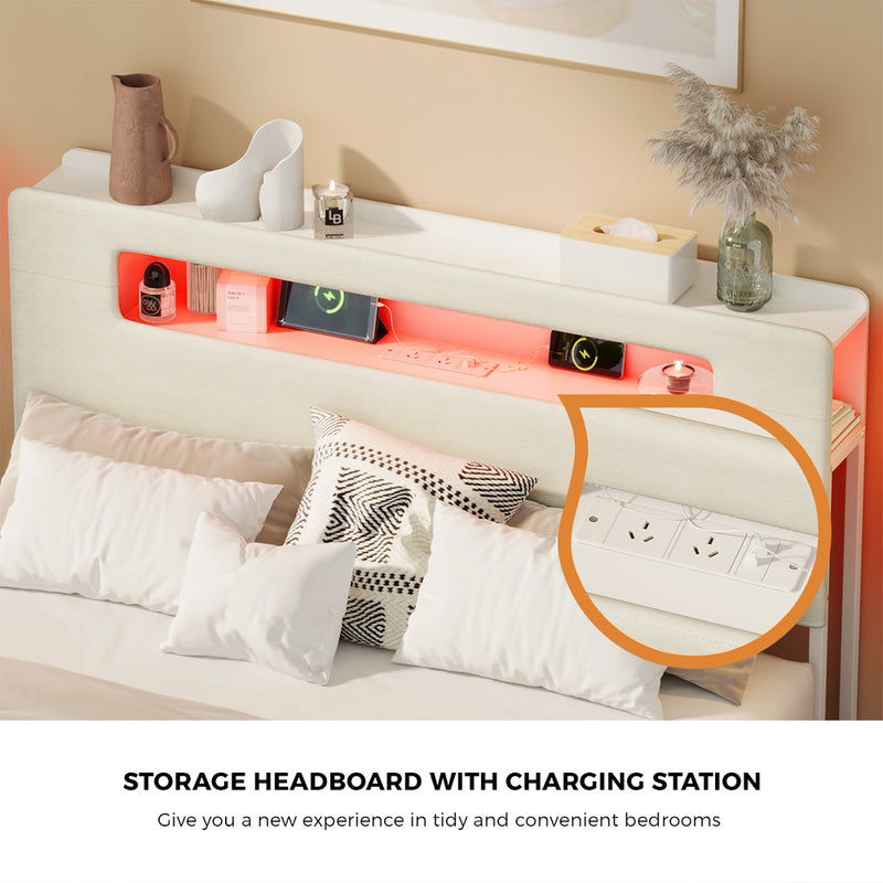 Oikiture Bed Frame Queen Size with LED Lights USB Charging Headboad