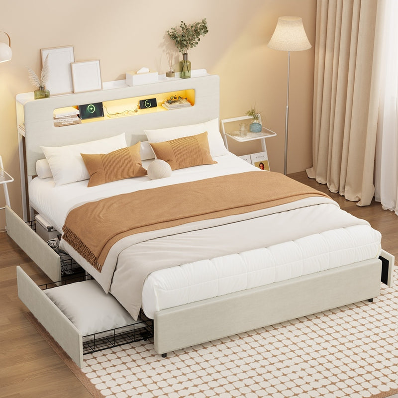Oikiture Bed Frame 4 Drawers Queen Size with LED Charging Bedhead
