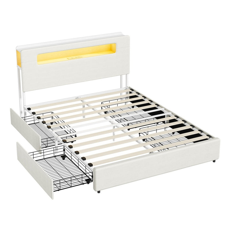 Oikiture Bed Frame 4 Drawers Queen Size with LED Charging Bedhead