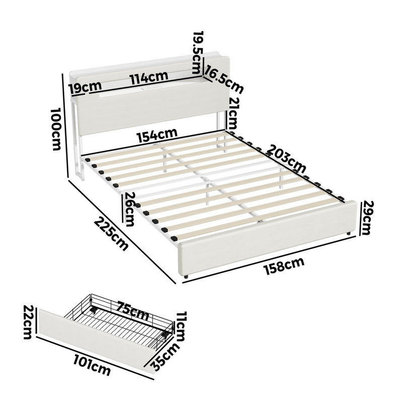 Oikiture Bed Frame 4 Drawers Queen Size with LED Charging Bedhead