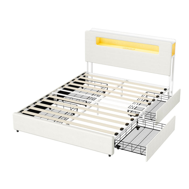 Oikiture Bed Frame 4 Drawers Queen Size with LED Charging Bedhead