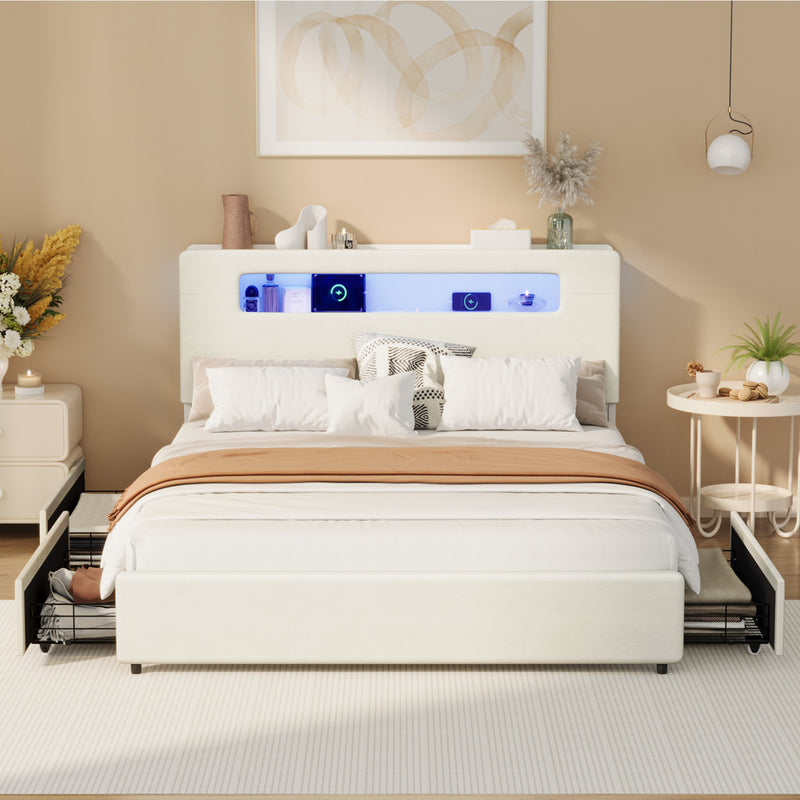 Oikiture Bed Frame 4 Drawers Queen Size with LED Charging Bedhead