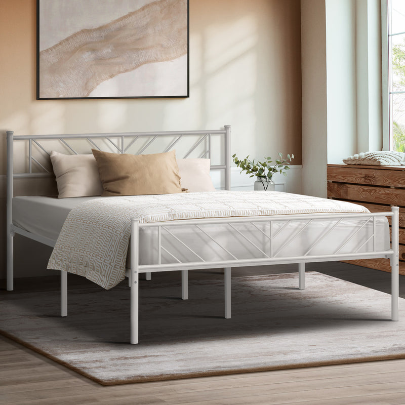 Oikiture Metal Bed Frame Double Metal Base Mattress Platform White
