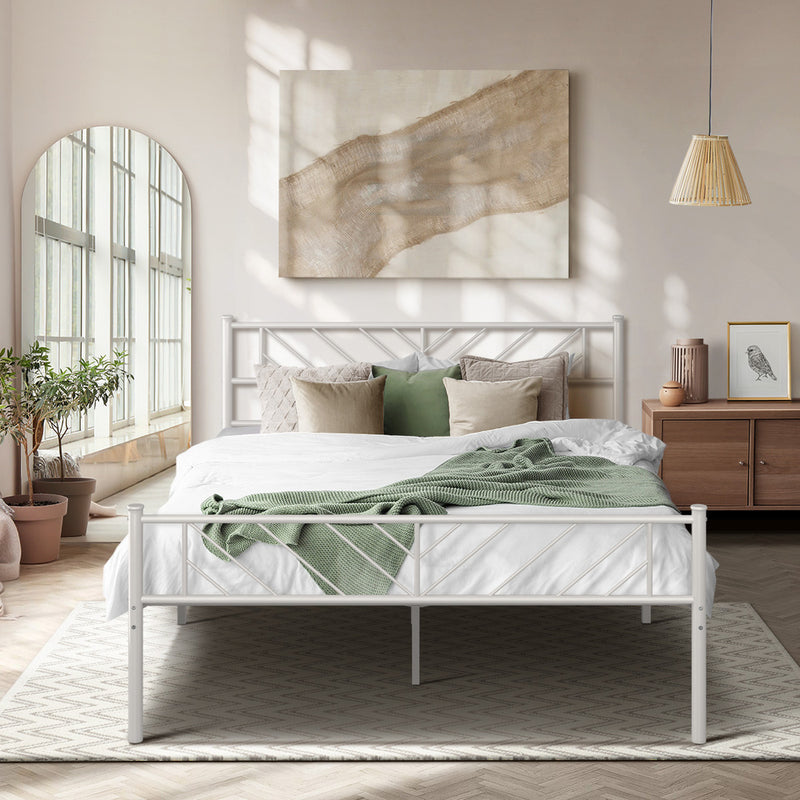 Oikiture Metal Bed Frame Double Metal Base Mattress Platform White