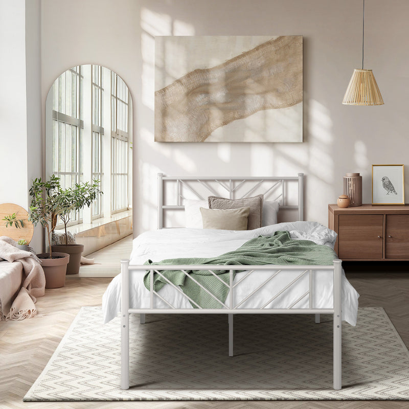 Oikiture Metal Bed Frame King Single Metal Base Platform White