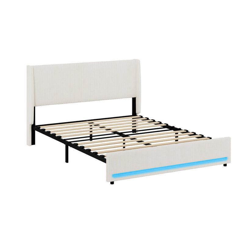 Oikiture Bed Frame Double LED Storge Headboard With USB Charging