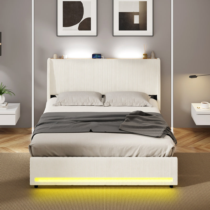 Oikiture Bed Frame Double LED Storge Headboard With USB Charging