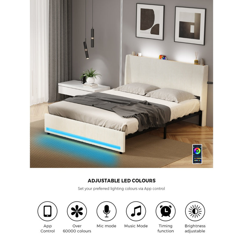 Oikiture Bed Frame Double LED Storge Headboard With USB Charging