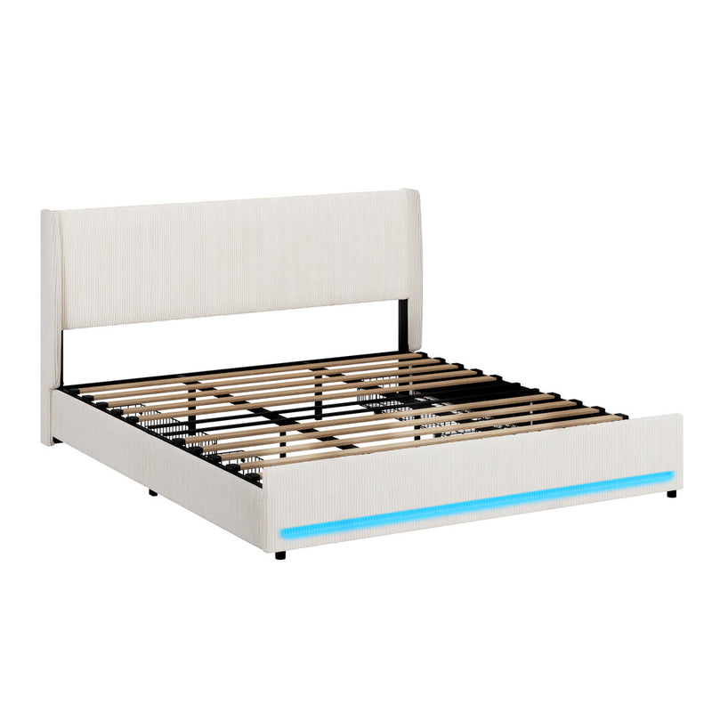 Oikiture LED Bed Frame King Size with Charging Station & 4 Drawers