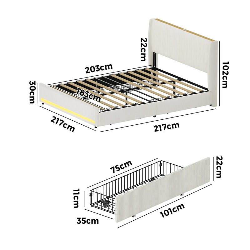 Oikiture LED Bed Frame King Size with Charging Station & 4 Drawers