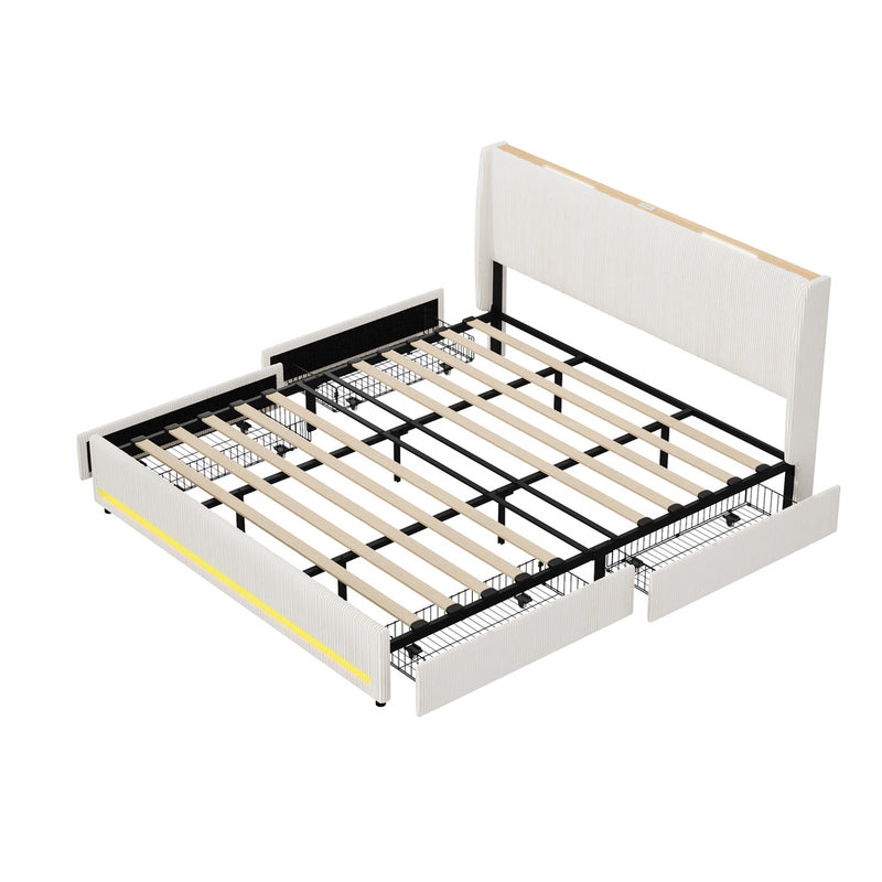 Oikiture LED Bed Frame King Size with Charging Station & 4 Drawers