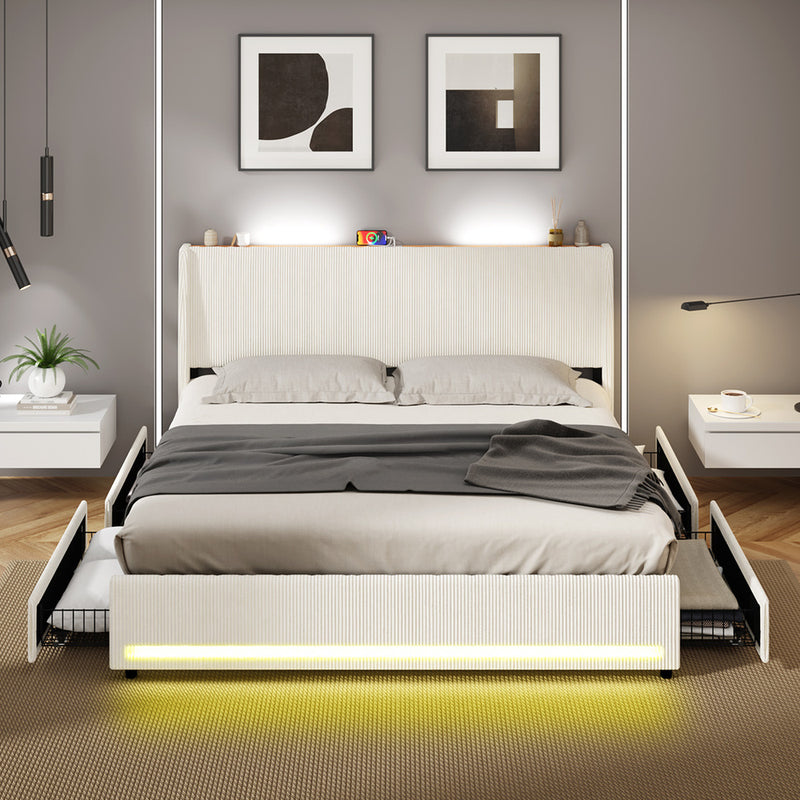 Oikiture LED Bed Frame King Size with Charging Station & 4 Drawers