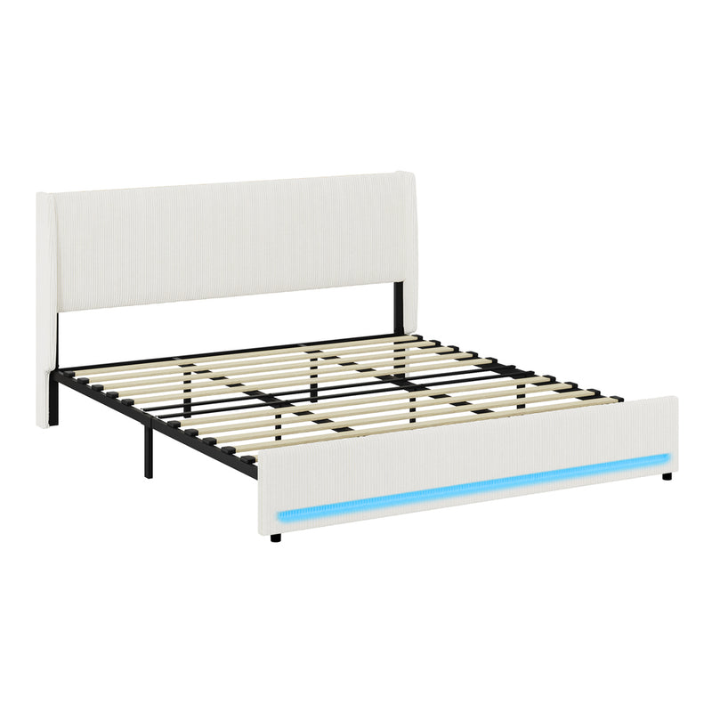 Oikiture Bed Frame King LED Storge Headboard With USB Charging