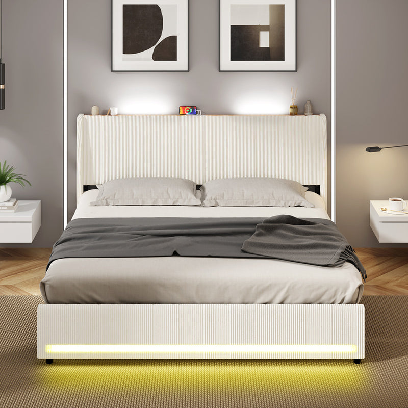 Oikiture Bed Frame King LED Storge Headboard With USB Charging
