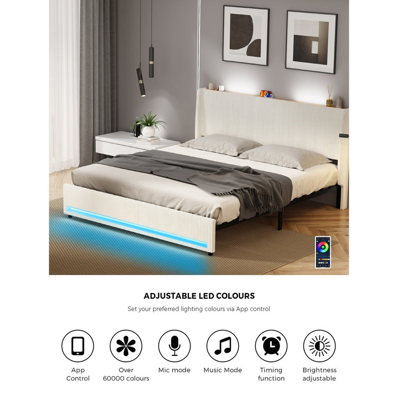 Oikiture Bed Frame King LED Storge Headboard With USB Charging