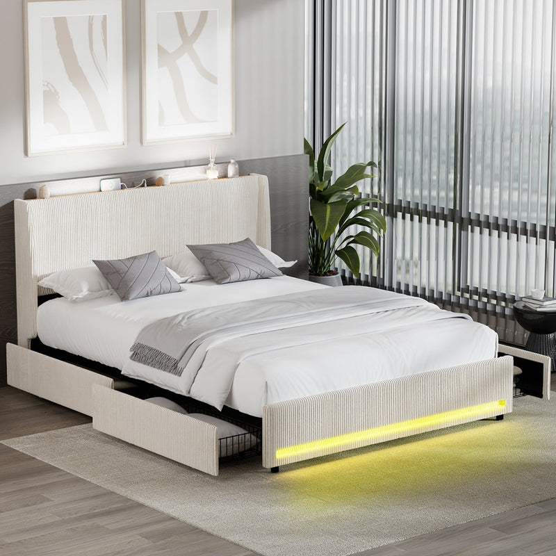 Oikiture LED Bed Frame Queen Size with Charging Station & 4 Drawers