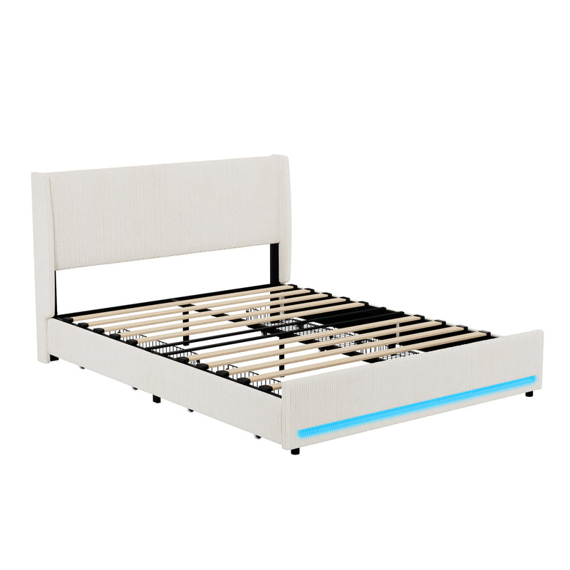 Oikiture LED Bed Frame Queen Size with Charging Station & 4 Drawers
