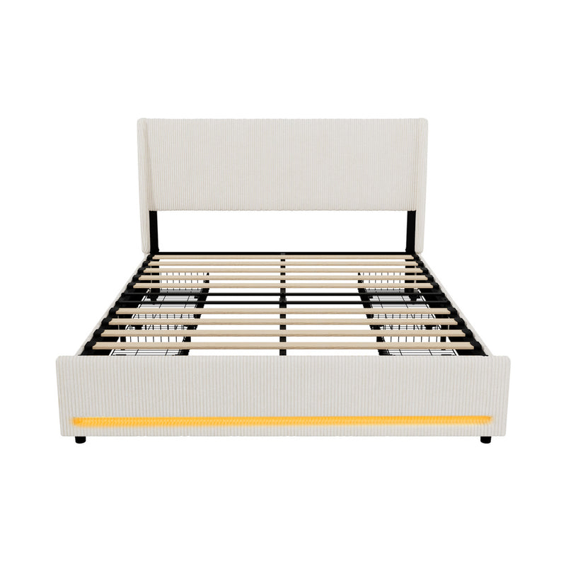 Oikiture LED Bed Frame Queen Size with Charging Station & 4 Drawers