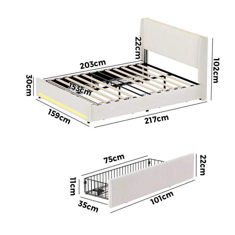 Oikiture LED Bed Frame Queen Size with Charging Station & 4 Drawers